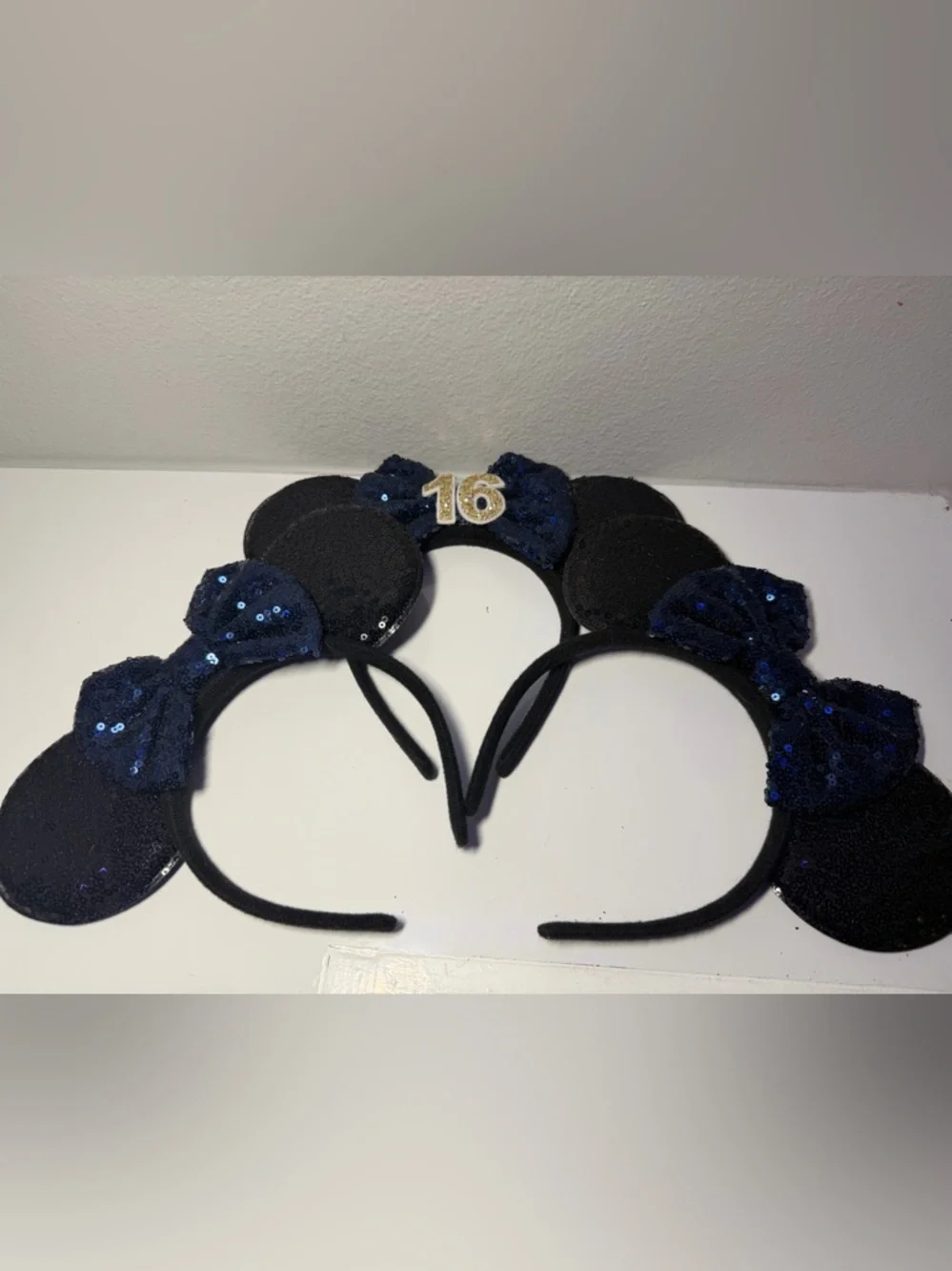 Set of 3 Sequined Black Minnie Ears Headband 1 with Navy Bow & Gold '16' Accent - Picture 4 of 10